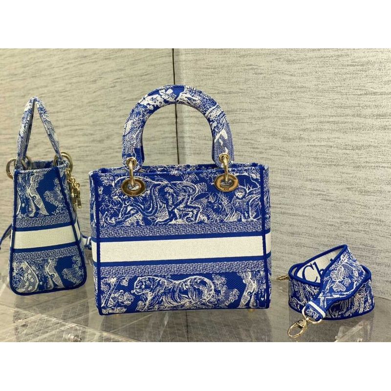 D*or medium lady d-lite bag embroidery blue and white