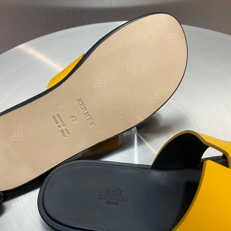 H**mes yellow grey leather street style sandals