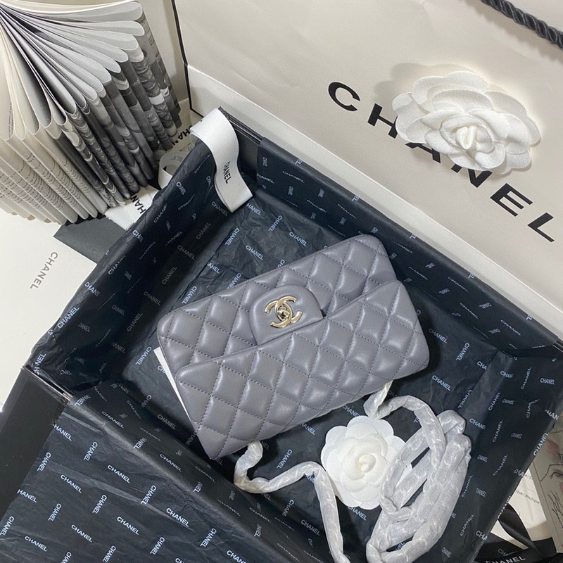 Ch*el classic flap bag lambskin leather bag grey