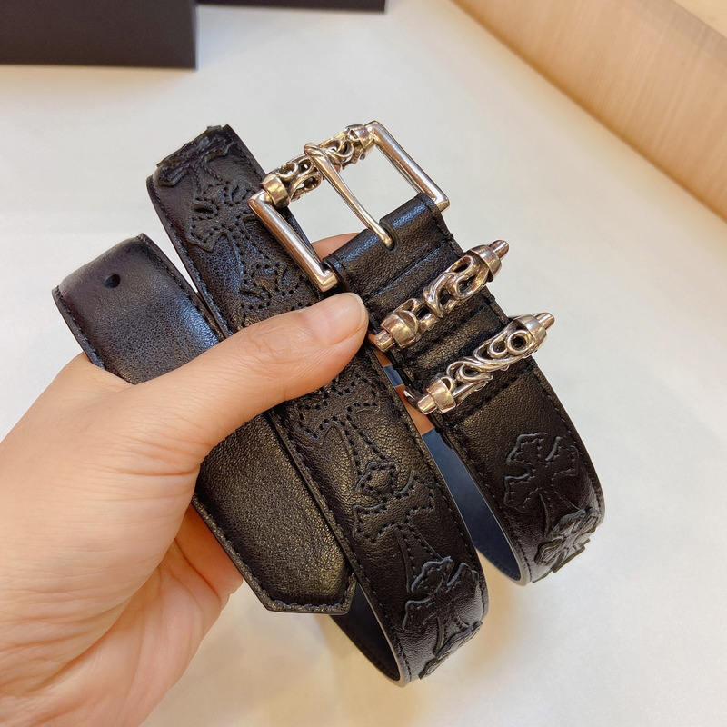Ch*0me heart silver buckle leather belt black