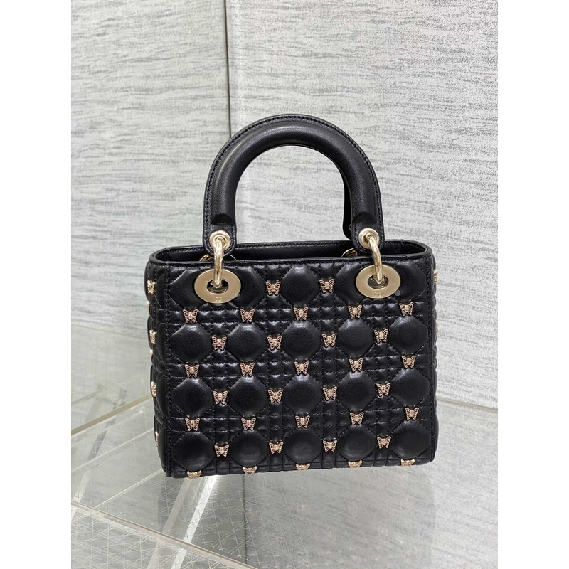 D*or small lady D*or bag lambskin gold-finish butterfly studs black