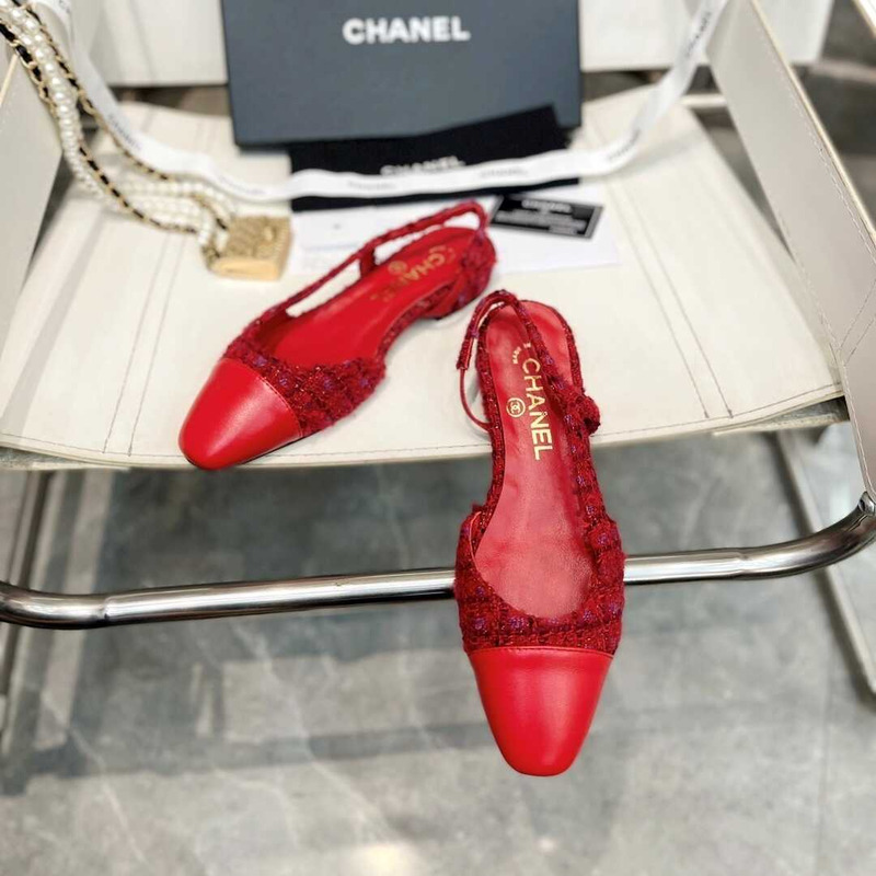 Ch*el wool and cotton tweed slingbacks red