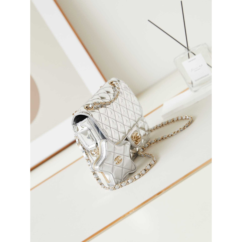 Ch*el mini flap bag & star coin purse metallic mirror calfskin, metallic lambskin & gold-tone metal light silver