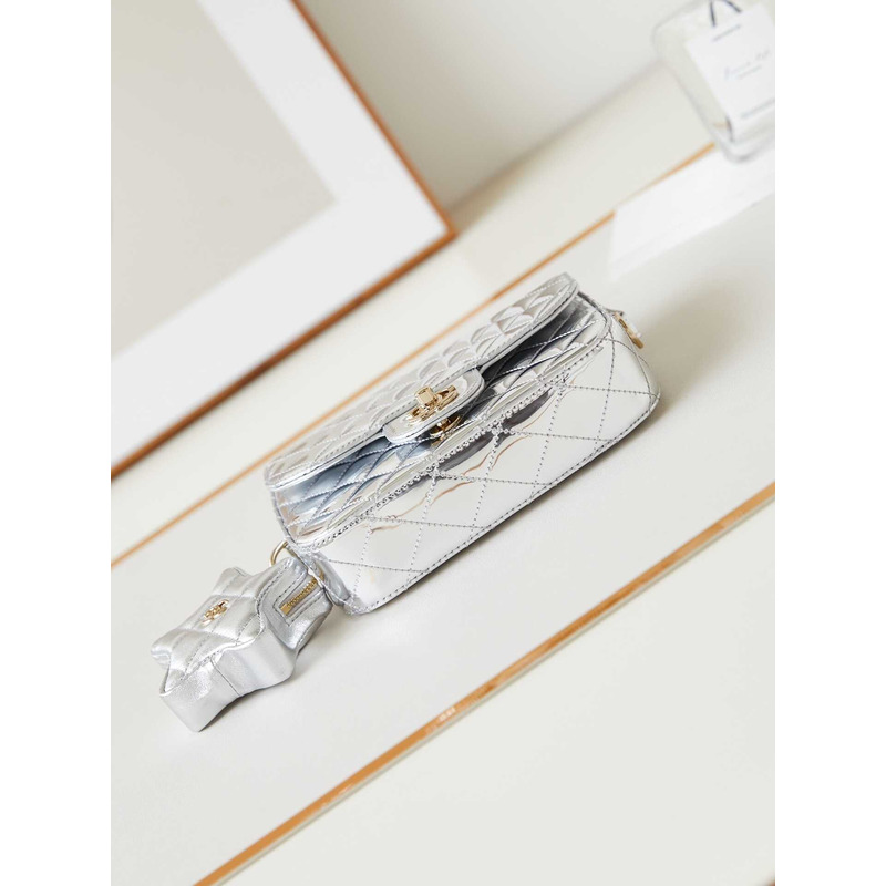 Ch*el mini flap bag & star coin purse metallic mirror calfskin, metallic lambskin & gold-tone metal light silver