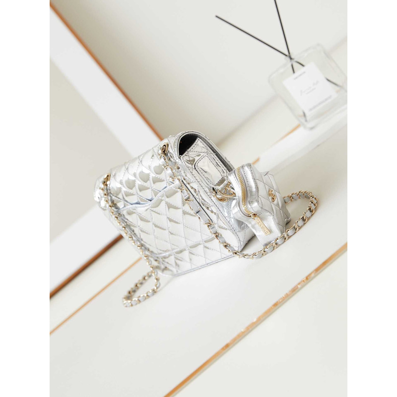 Ch*el mini flap bag & star coin purse metallic mirror calfskin, metallic lambskin & gold-tone metal light silver