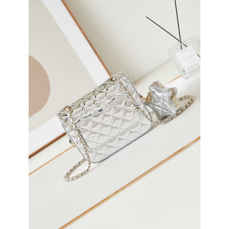 Ch*el mini flap bag & star coin purse metallic mirror calfskin, metallic lambskin & gold-tone metal light silver