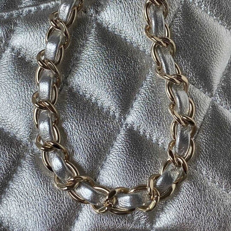 Ch*el star handbag metallic lambskin & gold-tone metal silver
