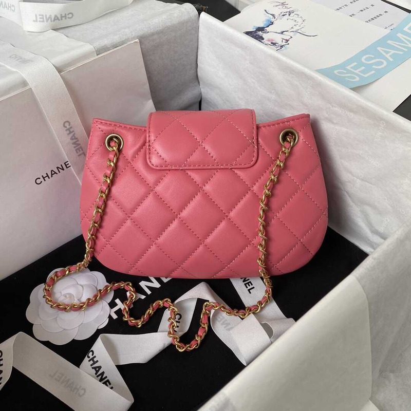 Ch*el small messenger bag lambskin & gold-tone metal coral pink