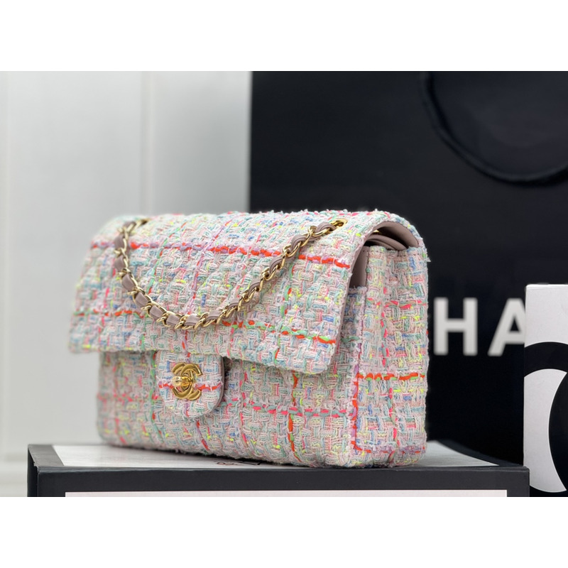 Ch*el classic handbag tweed & gold-tone metal multicolor