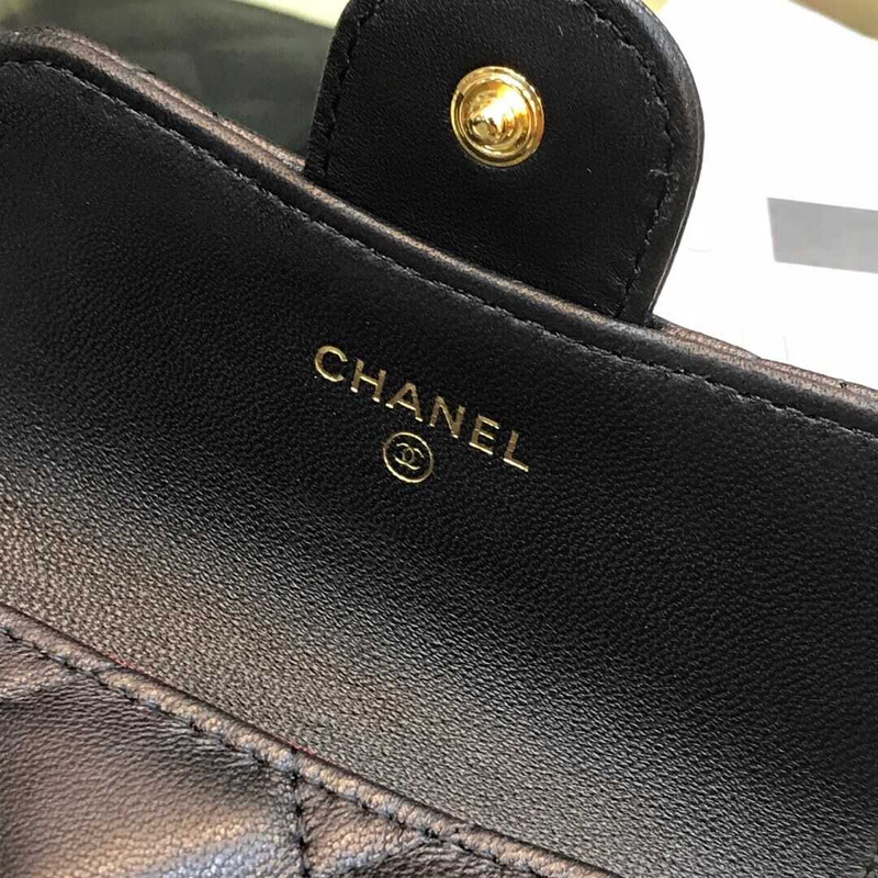 Ch*el lambskin small flap wallet black