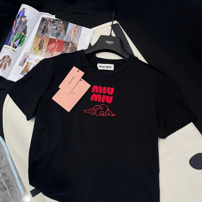 Miu Miu Embroidered Cotton T-shirt Black