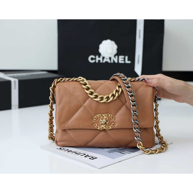 Ch*el 19 small flap lambskin silver aged gold brown