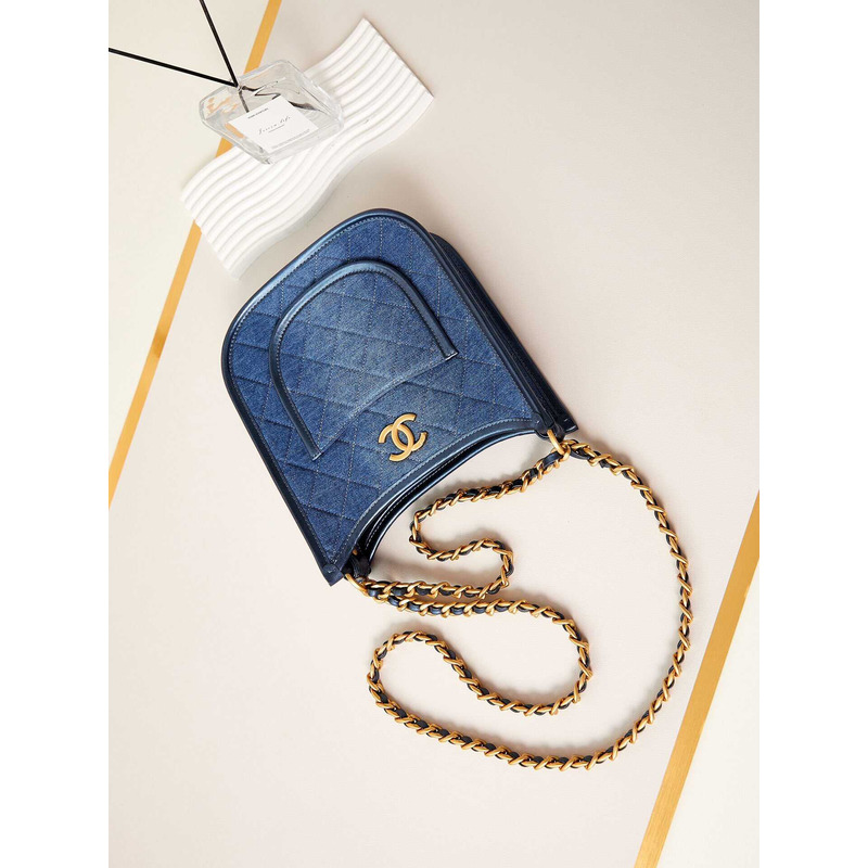 Ch*el hobo handbag washed denim & gold-tone metal blue