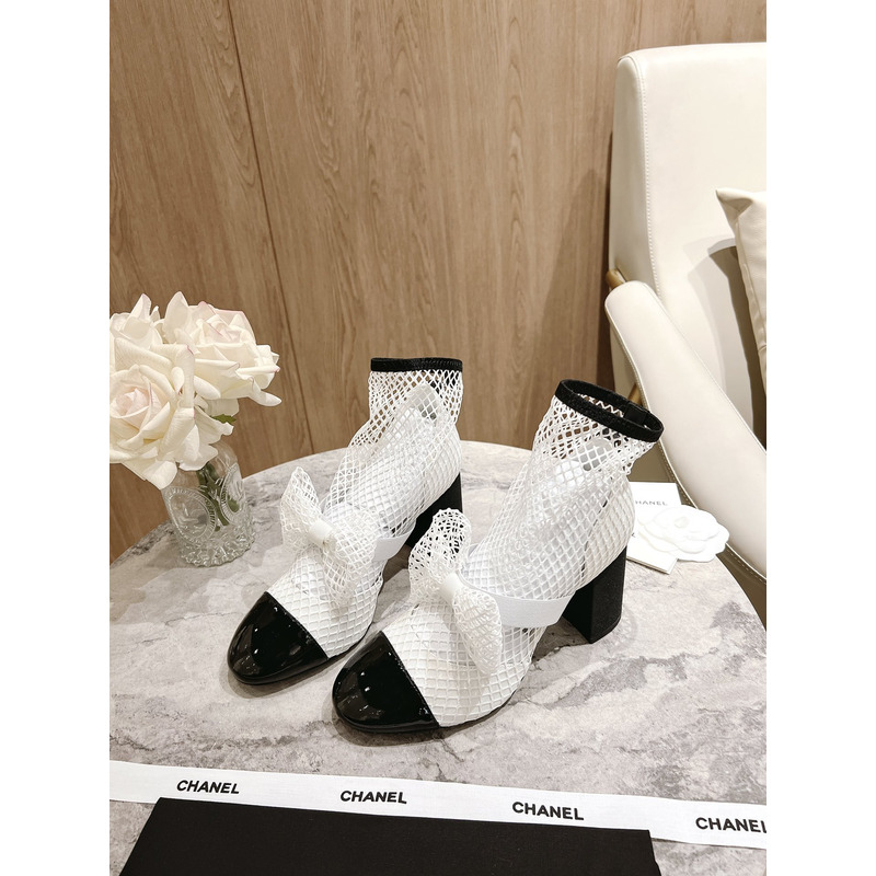 Ch*el white mesh preowned slip on bow ankle boots