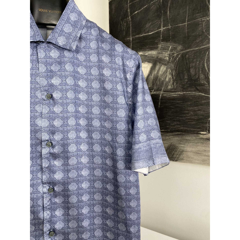 D*or cannage short-sleeved shirt blue silk twill