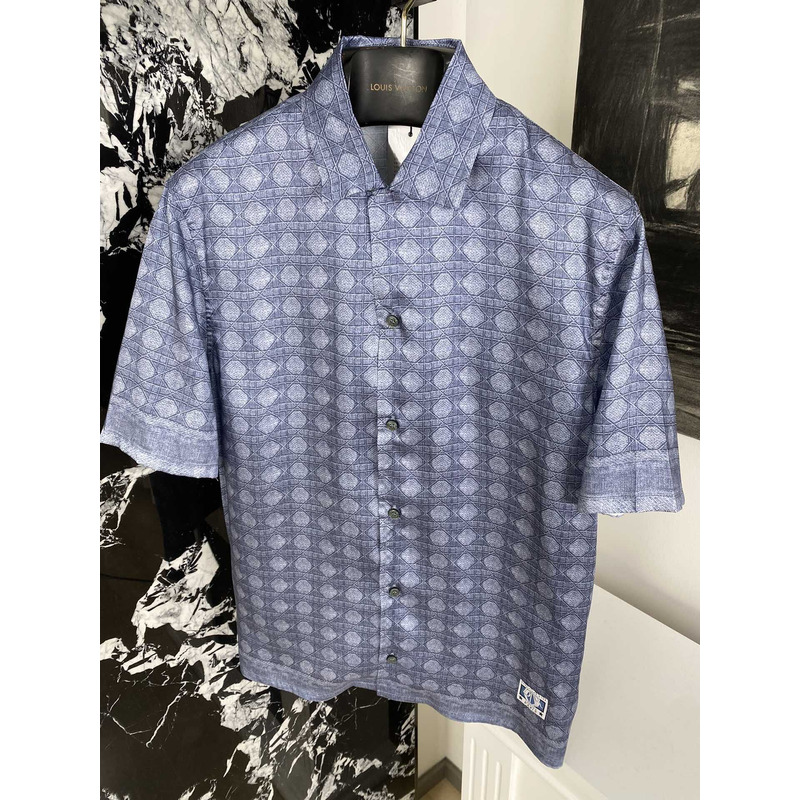 D*or cannage short-sleeved shirt blue silk twill