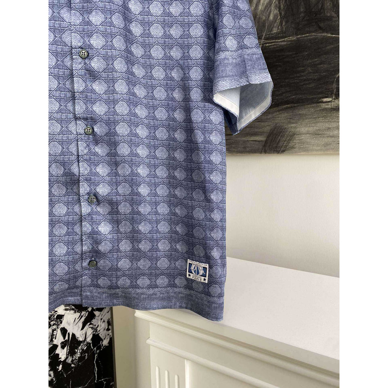 D*or cannage short-sleeved shirt blue silk twill
