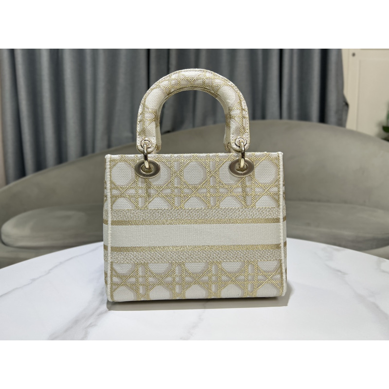 D*or medium lady d-lite bag white and gold-tone macrocannage embroidery