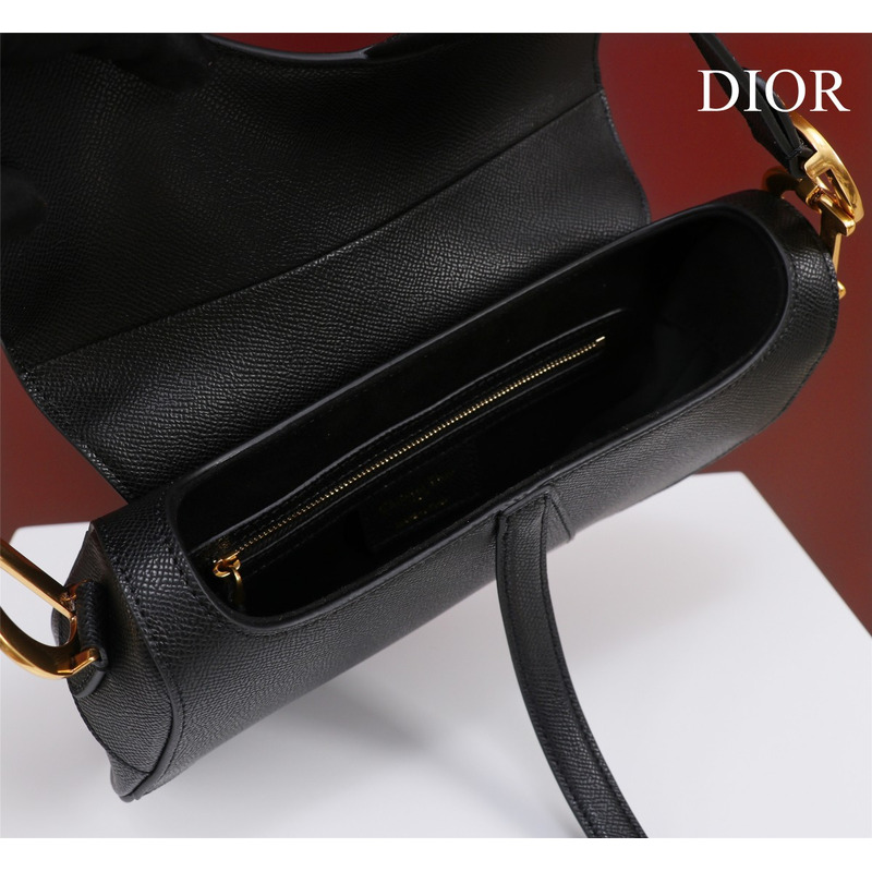 D*or saddle bag with shoulder strap black grained calfskin