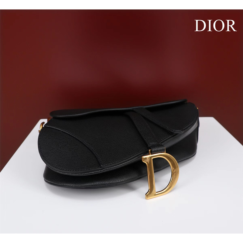 D*or saddle bag with shoulder strap black grained calfskin