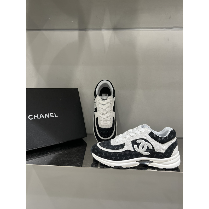 Ch*el nylon suede calfskin printed cc sneakers white black
