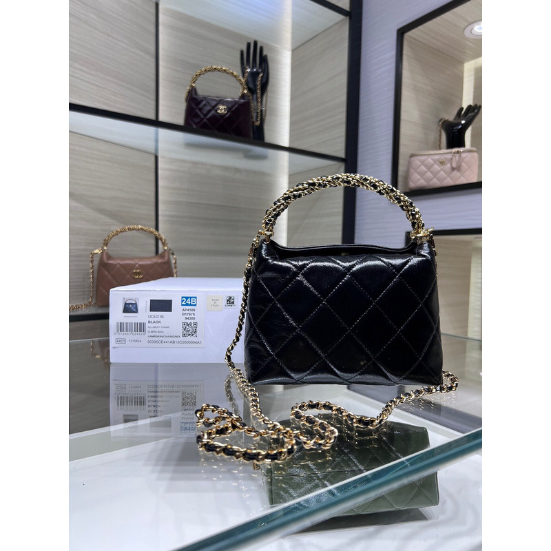 Ch*el clutch with chain shiny lambskin & gold-tone metal black