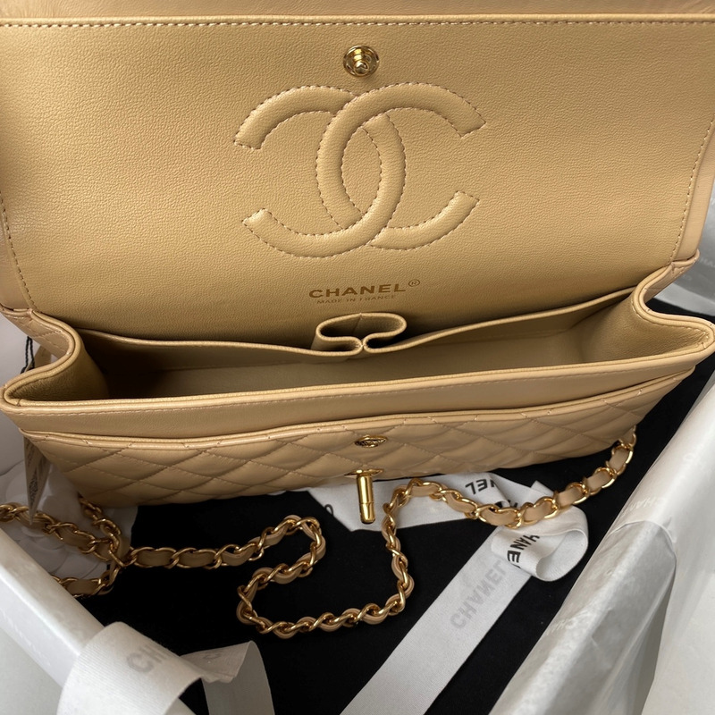 Ch*el medium lambskin gold classic flap bag beige