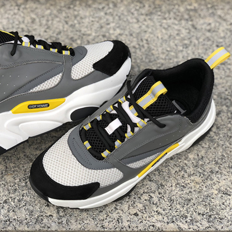 D*or "b22" trainer in grey technical knit&white&yellow-tone calfskin