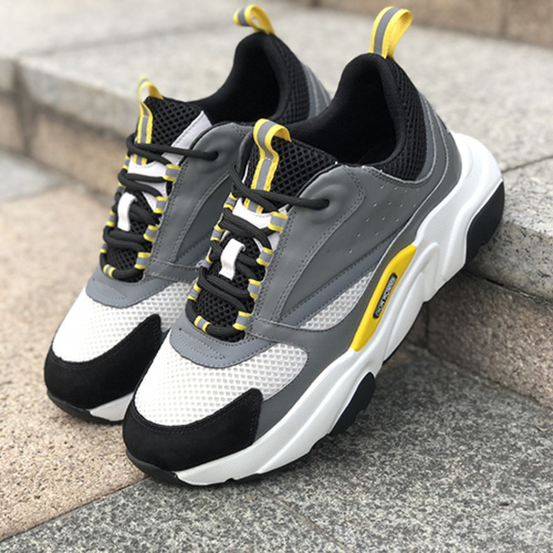 D*or "b22" trainer in grey technical knit&white&yellow-tone calfskin