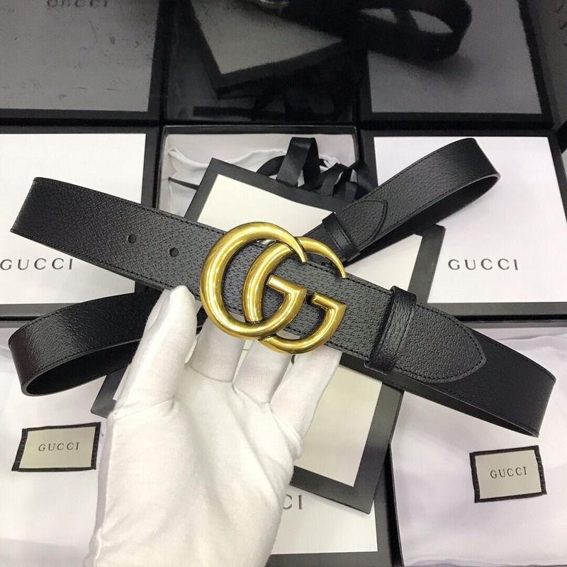 G*u*i leather black belt with double g golden buckle