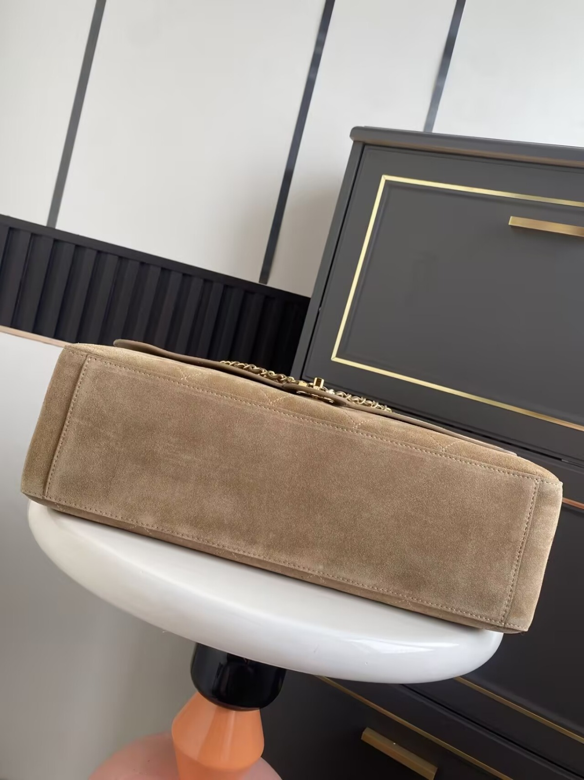 CH**EL SUEDE CALFSKIN SOUPLISSIMO MAXI FLAP DARK BEIGE (38*25*11cm)