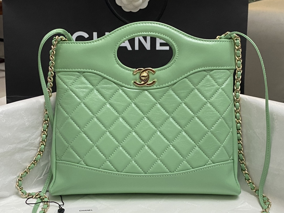 Ch**el MINI SHOPPING BAG Shiny Lambskin & Gold-Tone Metal Light green 22x23x5.5cm