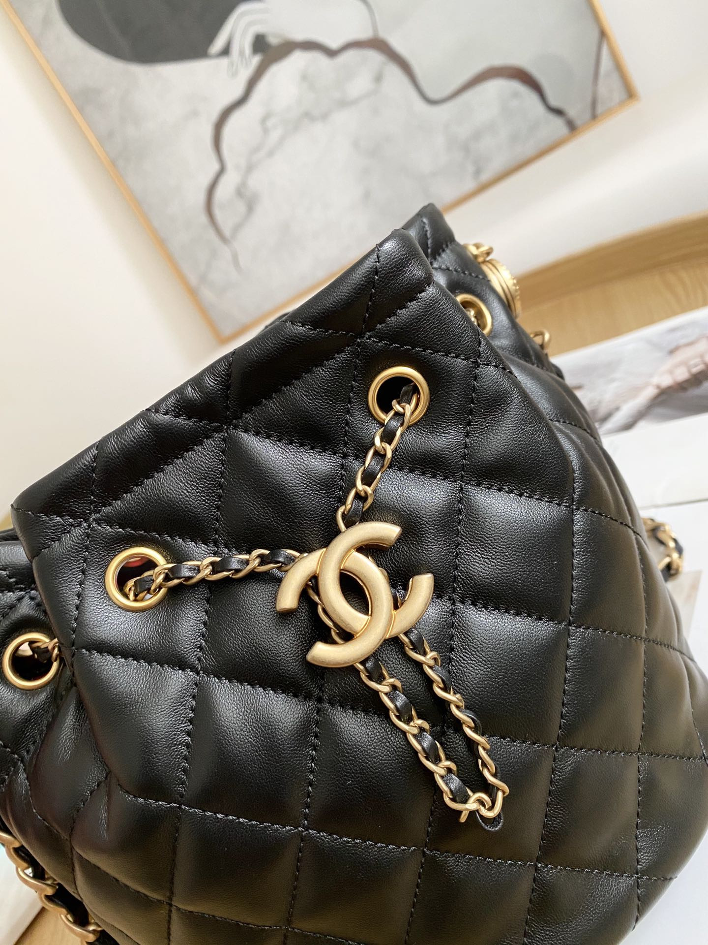 Ch**el Drawstring Button Bucket Bag 21x24x14cm